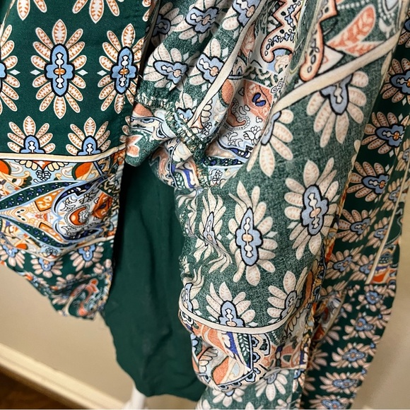 Kirundo Boho Floral Green and Orange Ruffle Sleeve Flowy Mini Dress Size Medium - Picture 7 of 16